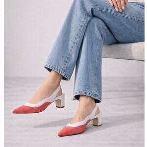 Manolo Blahnik Gogalo White Pink Slingback Block Heel Sandals  37.5